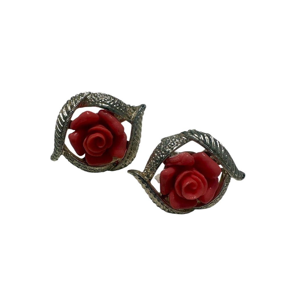 Vintage Sarah Coventry Coral Rose Jewelry Set Necklace Bracelet Clip Earrings - Picture 12 of 15